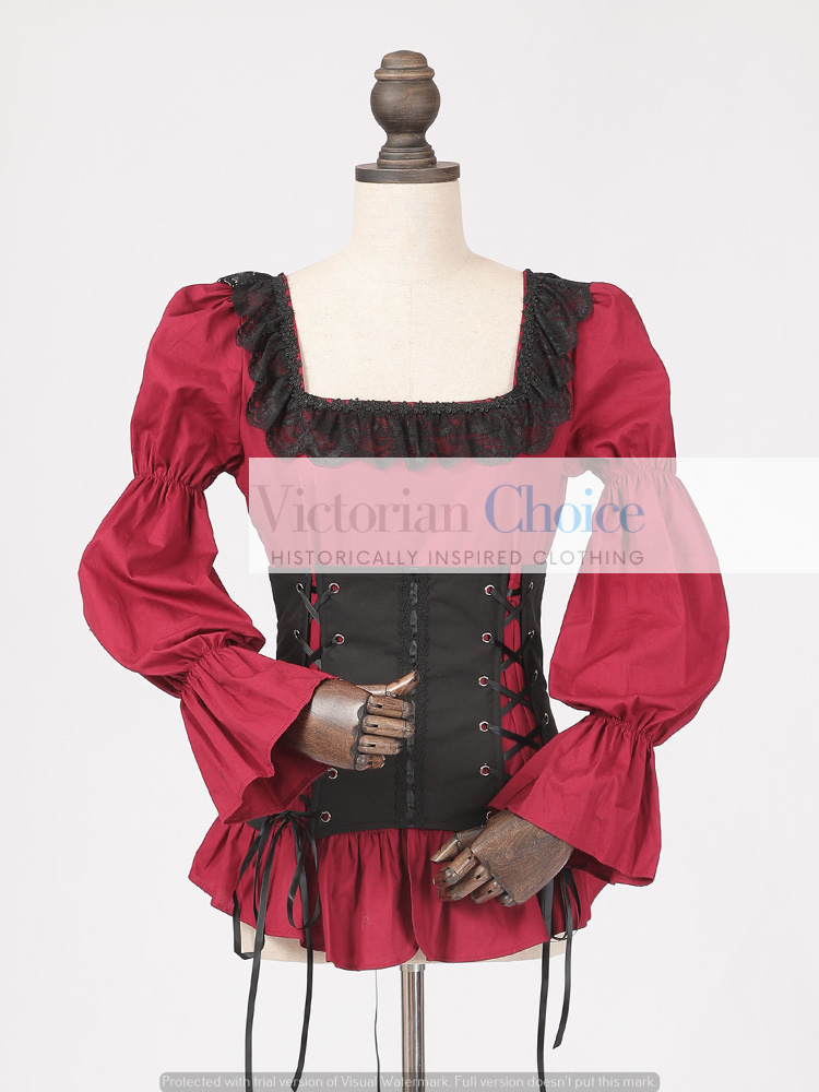 Medieval Renaissance Gothic Pirate Burgundy Wench Corset Women Shirt Blouse Top Theater (Size: XXL)