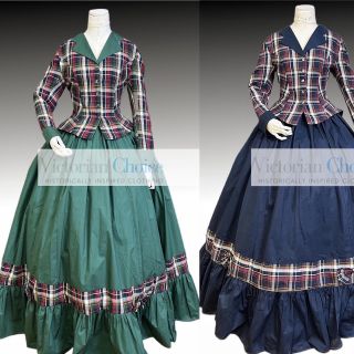Victorian Civil War Dickens Caroler Plaid Dress Theatrical Cosplay Pioneer  Woman Costume